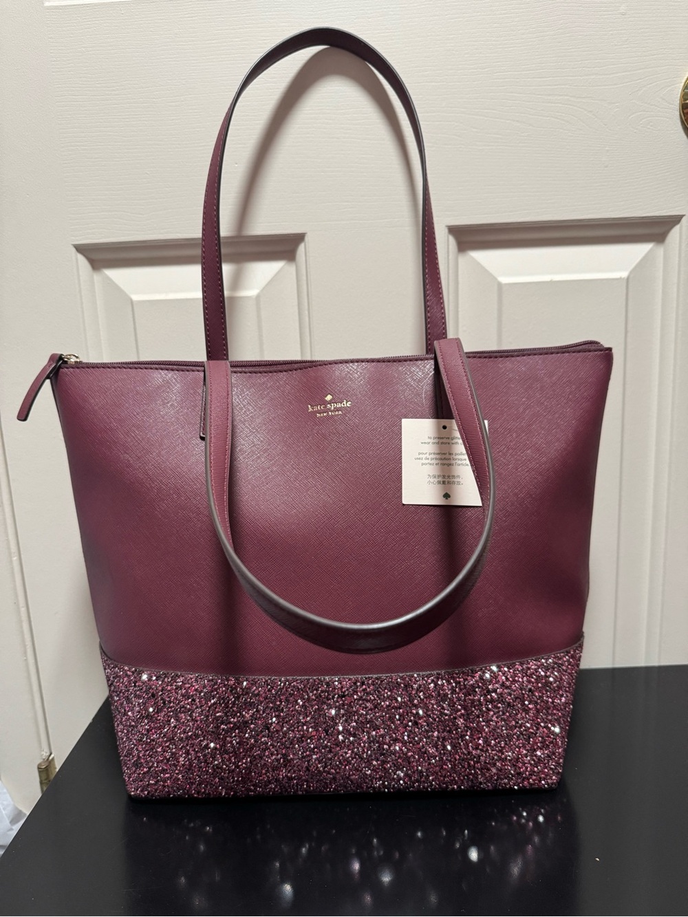 NWT Kate Spade Greta Court Cherrywood Saffiano Leather Glitter Large Tote Bag